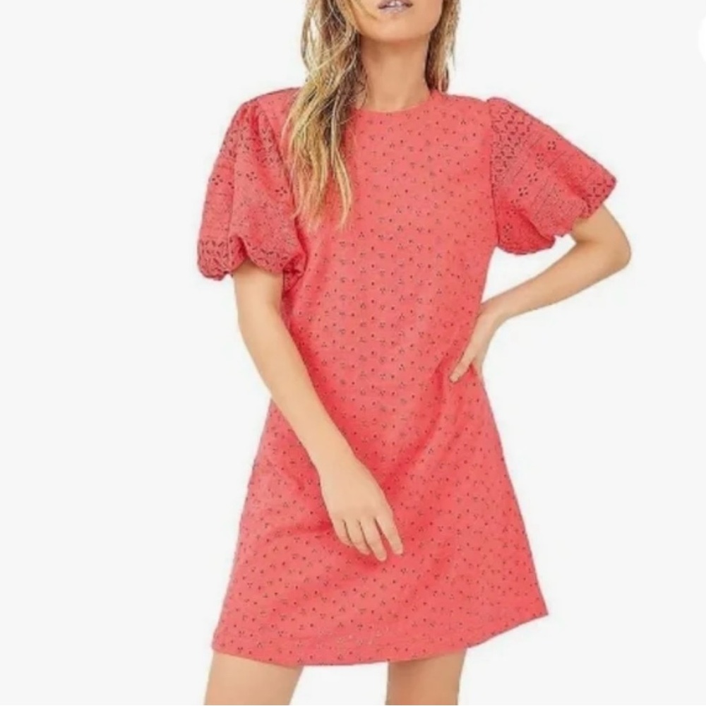 Free People Puff Sleeve Eyelet Elegant Coral Dress